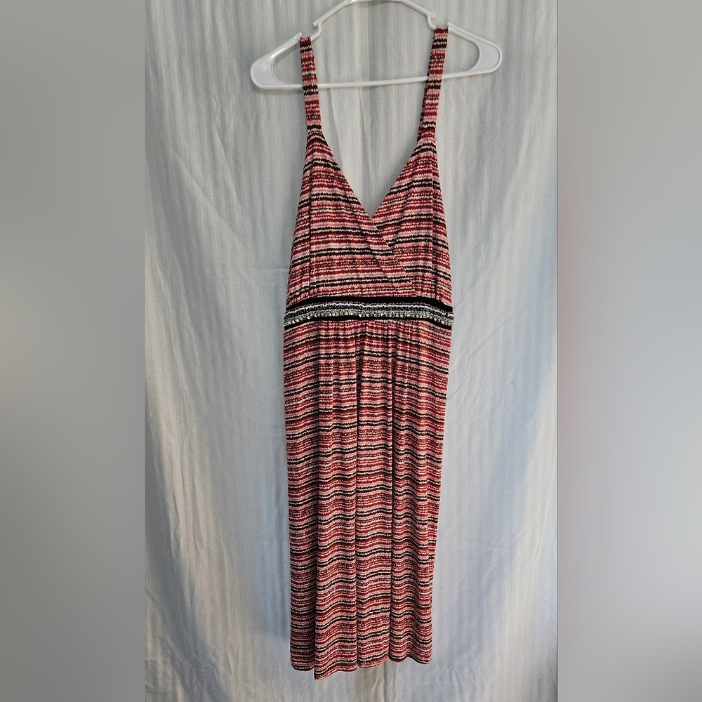 Dress - Red Brown Pink Beaded Waist Wrap Striped Adjustable Straps Tie - "XL"